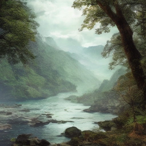 A misty river valley between forested mountains, generated by Ducky Diffusion.